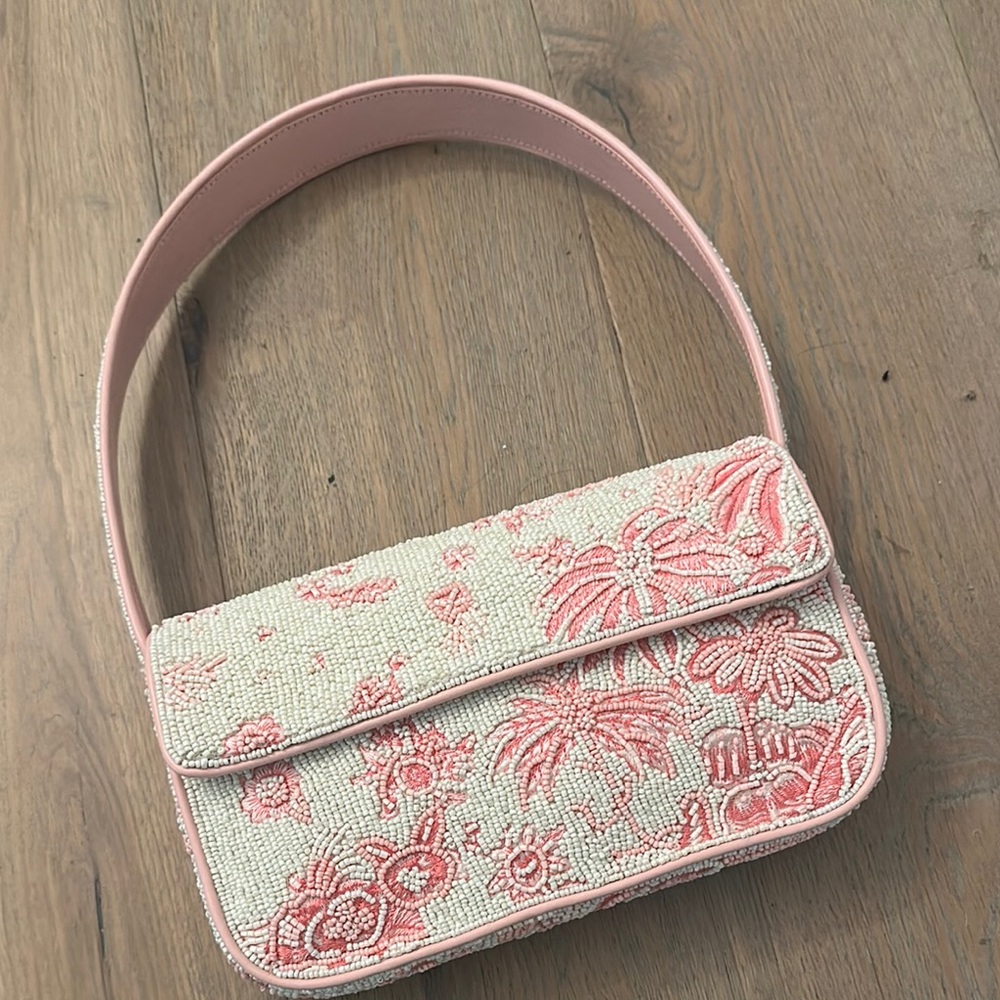 STAUD pink and white beaded handbag